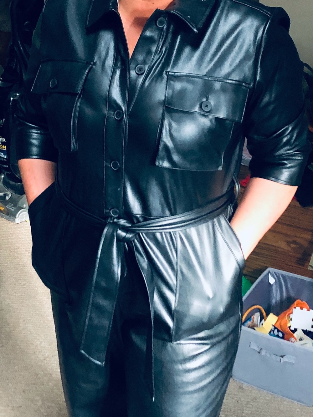 Black Faux Leather Belted Pantsuit